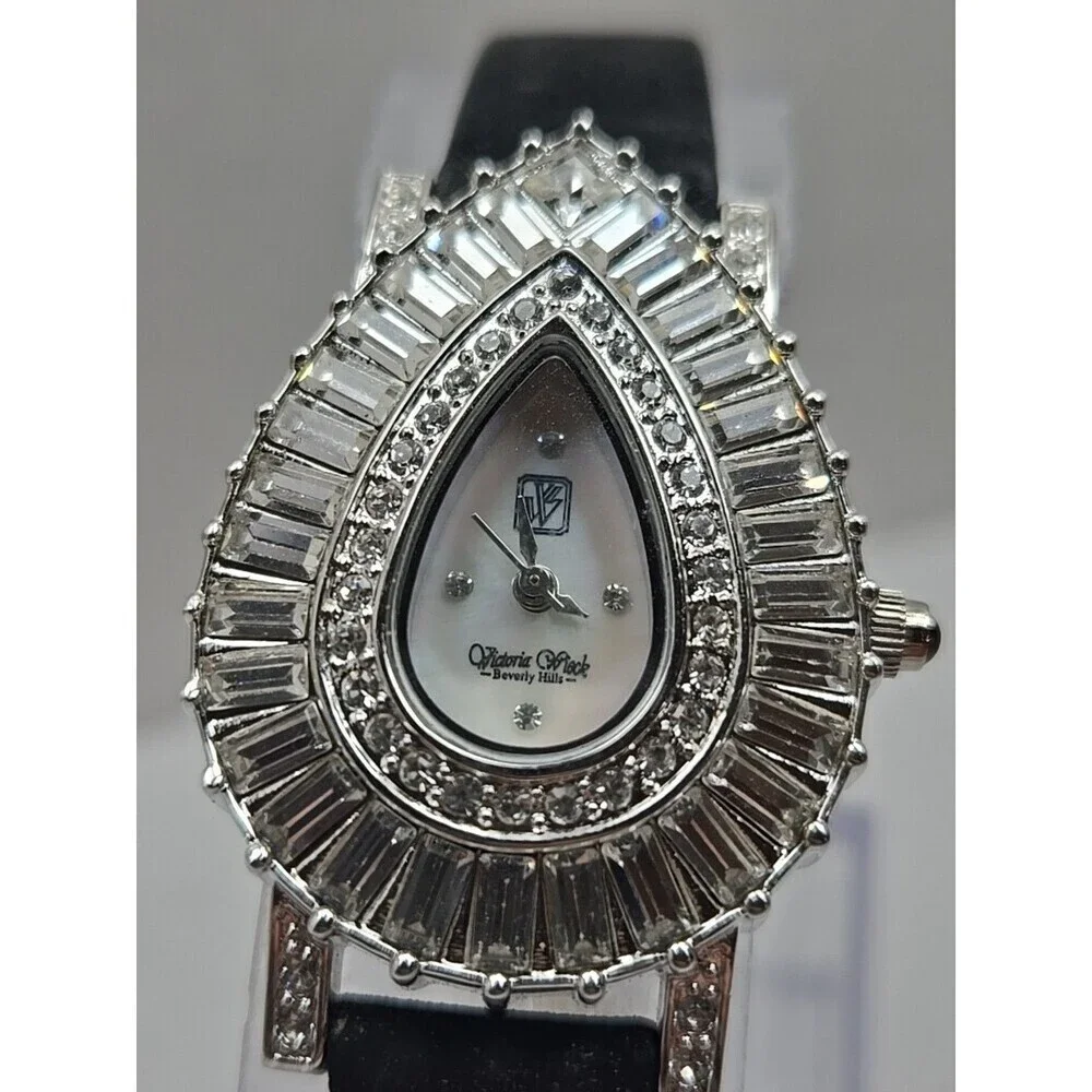 Victoria Wieck B6491 Teardrop Crystal MOP Dial Black Leather Watch New Battery
